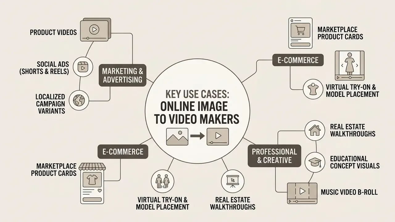 Central hub connecting various marketing, e-commerce, and creative use cases for online image to video makers