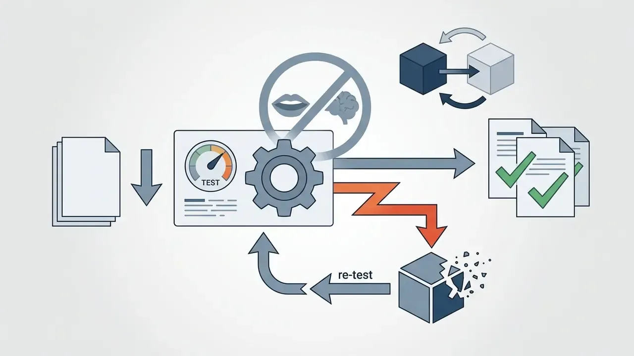 Documents feeding a test gear mechanism that routes valid outputs to reports or triggers a re-test cycle