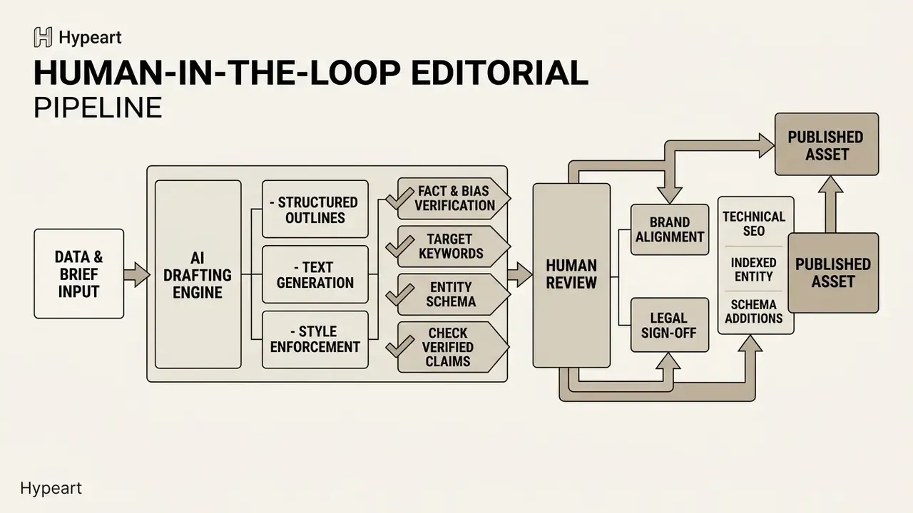 Process diagram showing an editorial pipeline from data input through AI drafting to human review