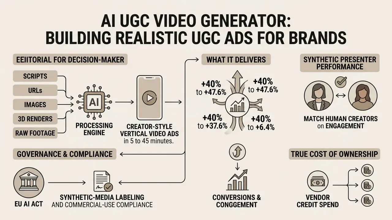 Flowchart showing how an AI UGC video generator processes various inputs to create vertical ads and performance metrics
