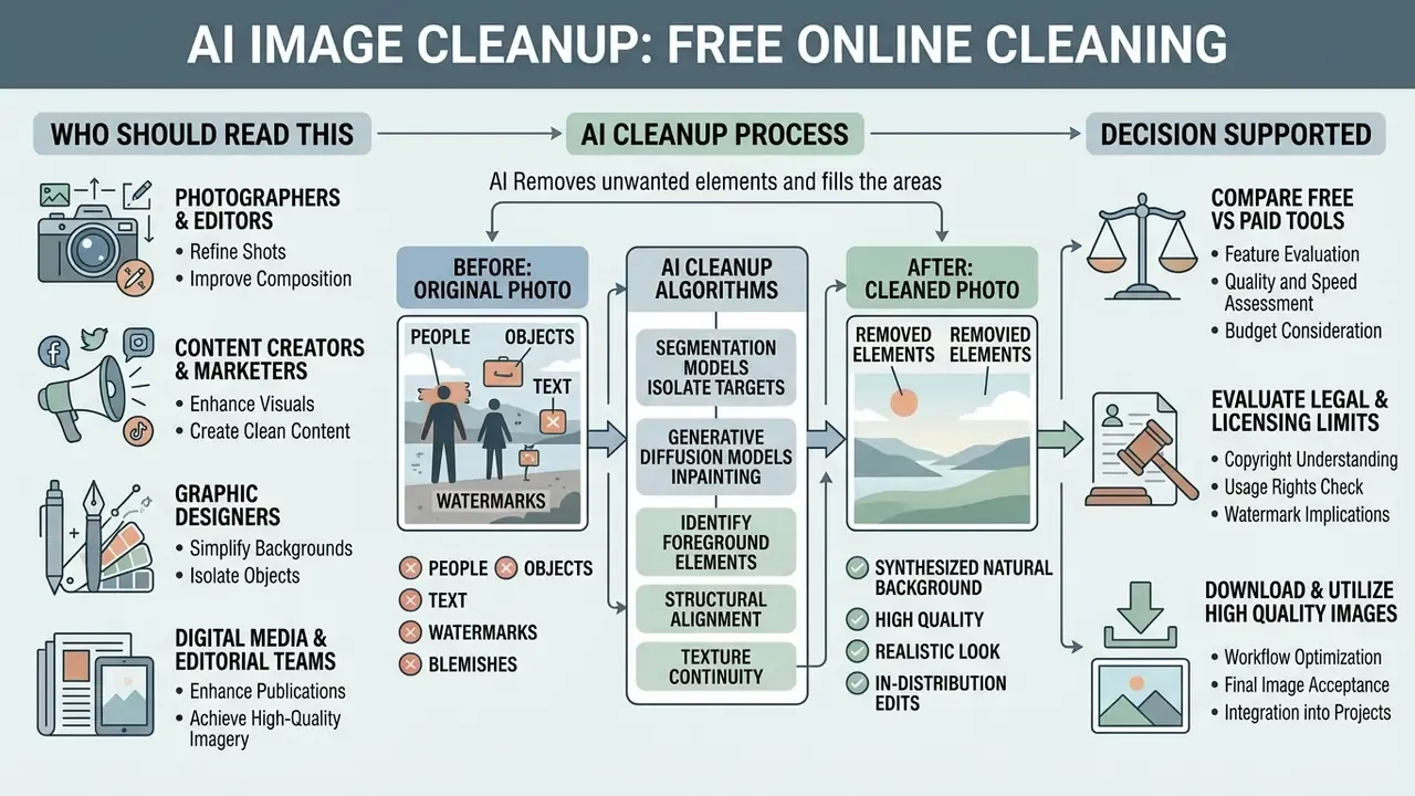 Infographic showing how AI algorithms remove unwanted objects and people to synthesize natural backgrounds