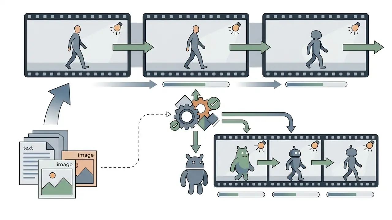Text and image inputs processing through a gear engine to replace a walking character in a video sequence