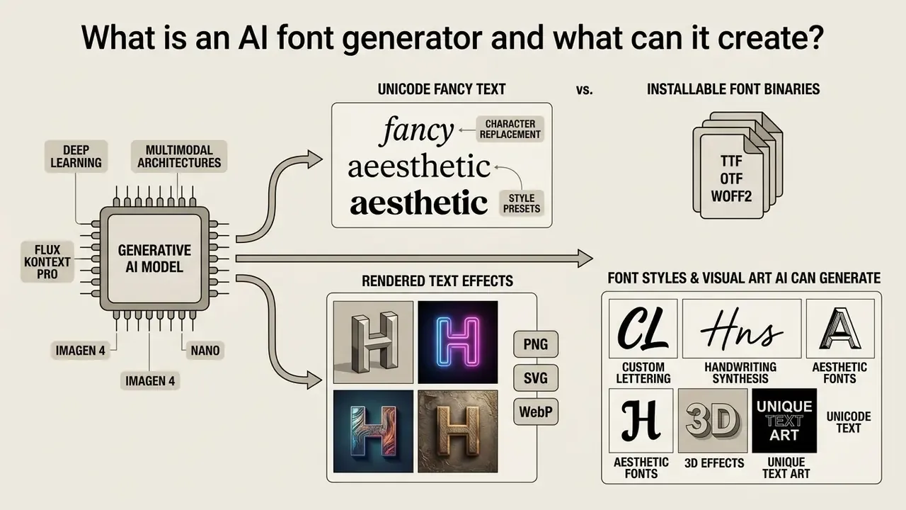 Diagram showing a generative AI model producing Unicode text, installable font files, and rendered effects