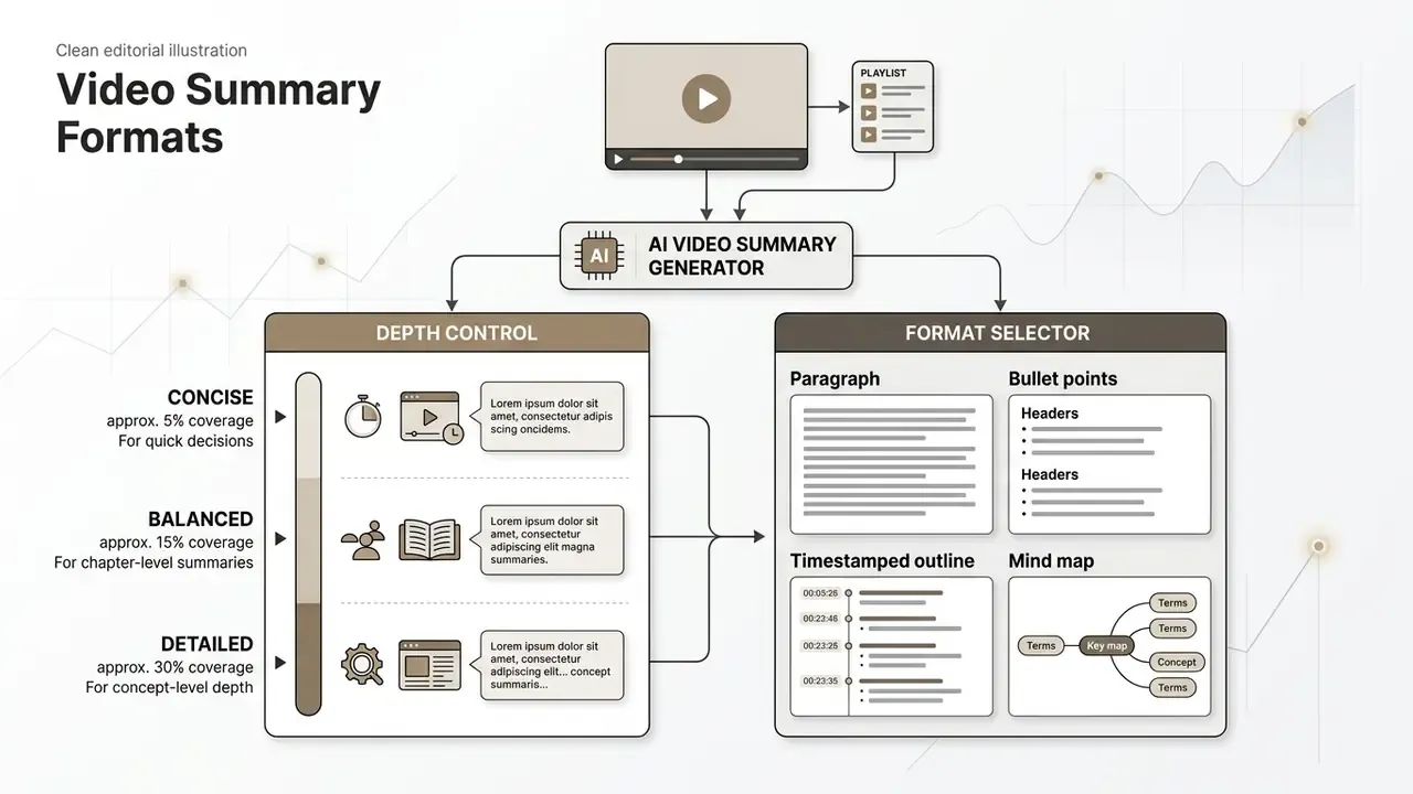 UI showing depth and format selectors for a video summary generator free tool