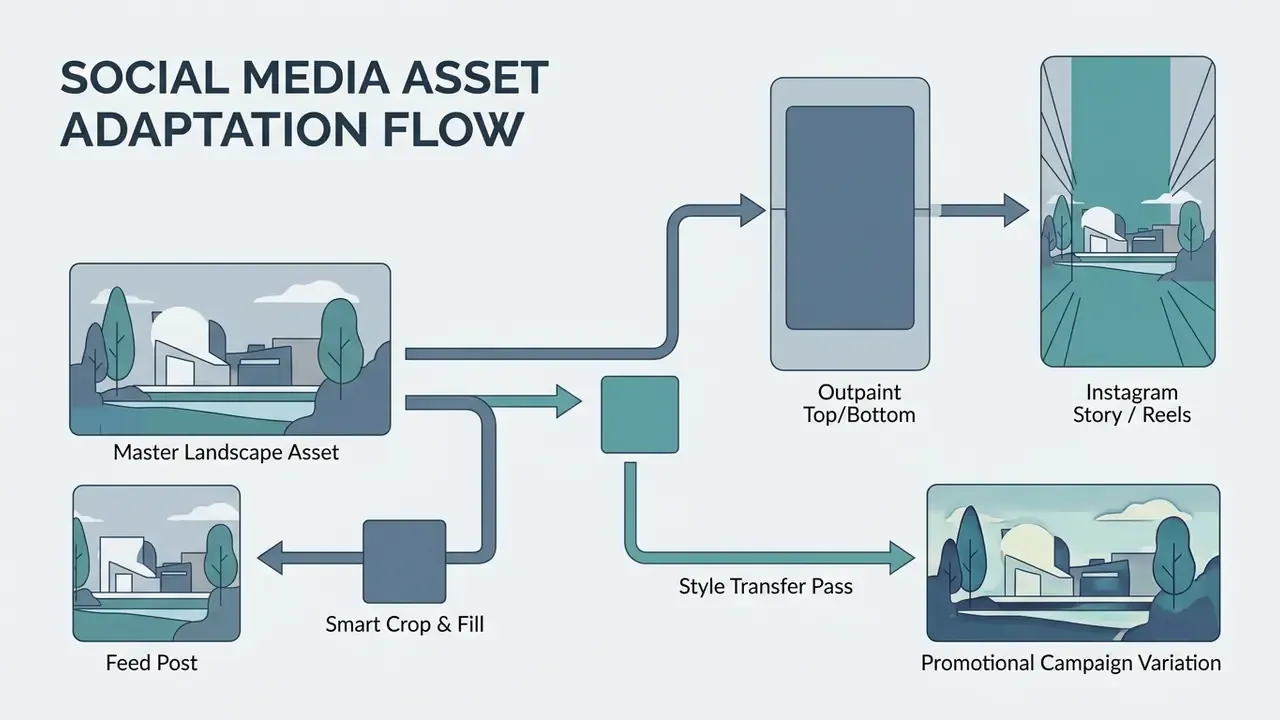 A landscape asset being adapted into vertical, square, and stylized social media formats
