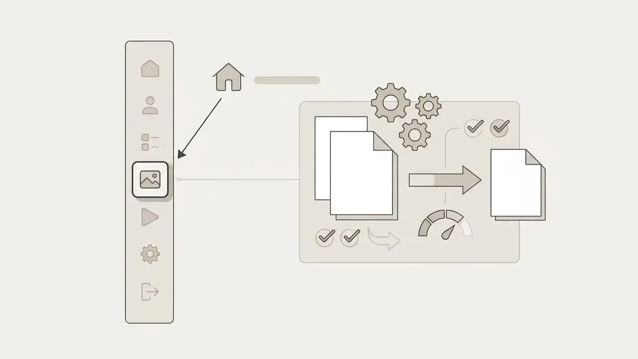 Navigation panel highlighting the image generator icon with arrows pointing to document processing