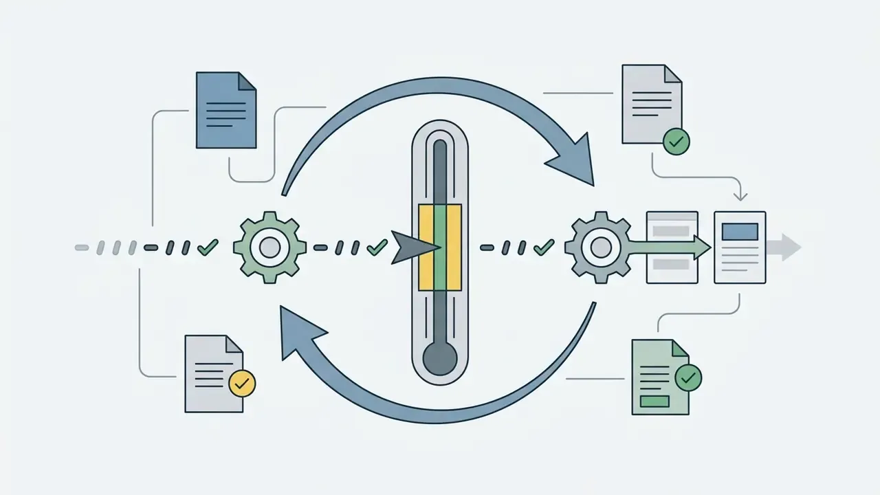 Data streams flowing through gears and a vertical tempo gauge to produce finished document files