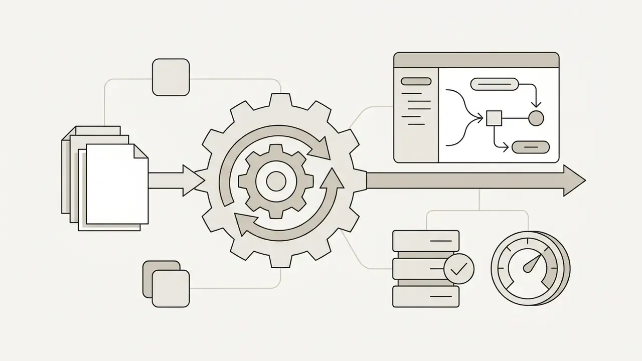 Documents feeding into a central gear mechanism that outputs to software interfaces and data storage