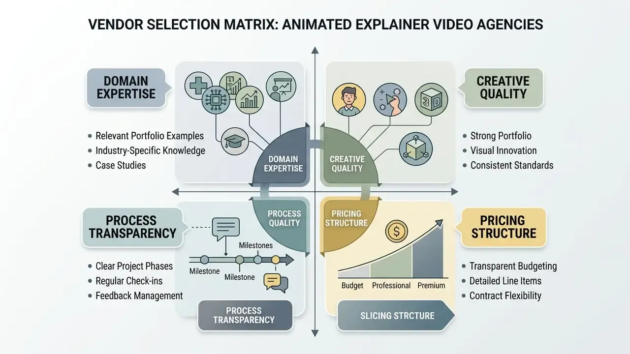 Vendor selection matrix for an animated explainer video company featuring four key evaluation quadrants