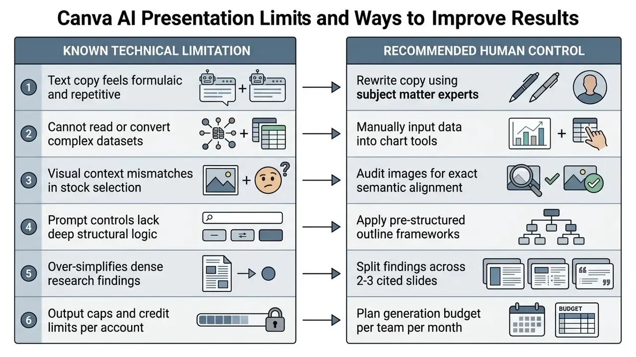 Side-by-side list comparing AI technical limitations with corresponding human intervention strategies