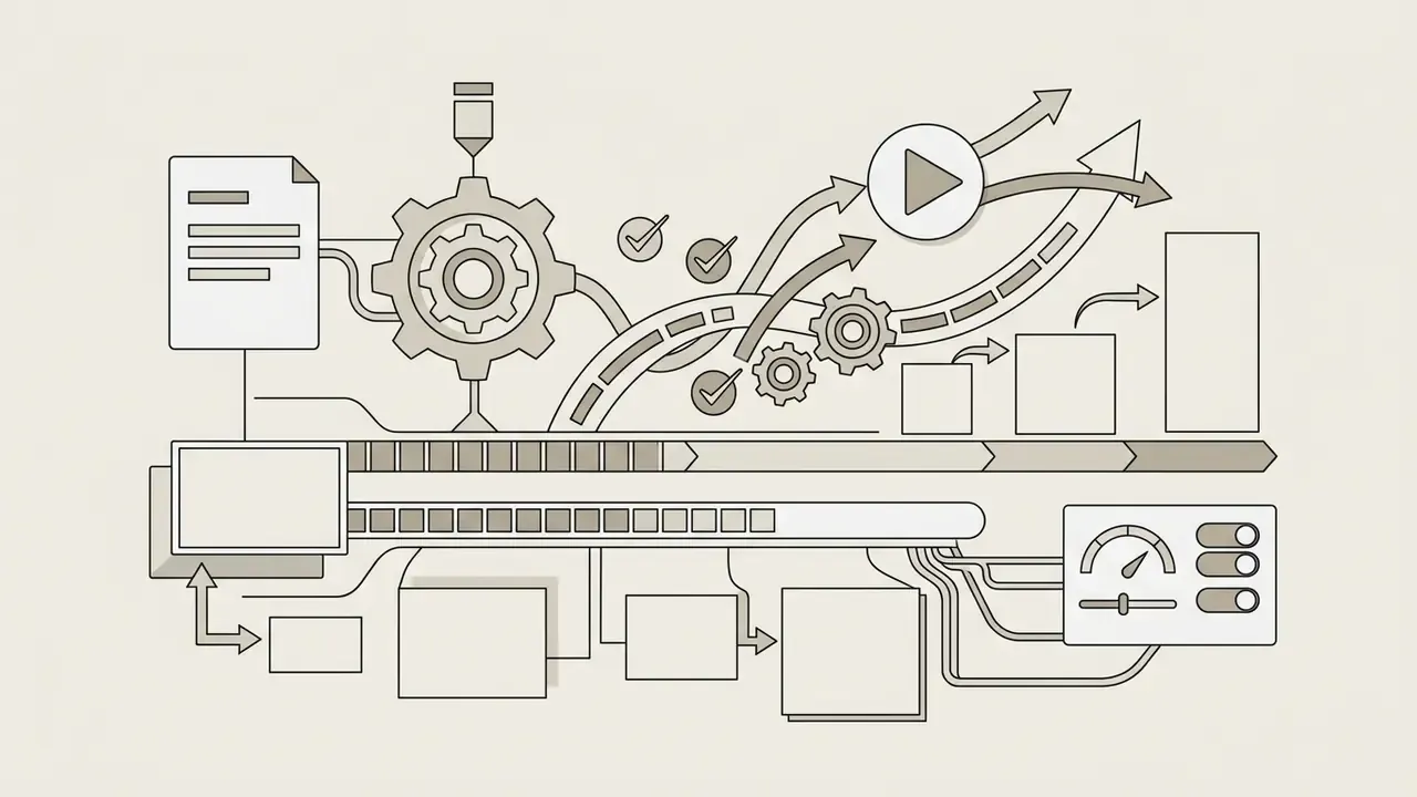 Linear graphic showing document processing, gear mechanisms, and progress bars for video generation
