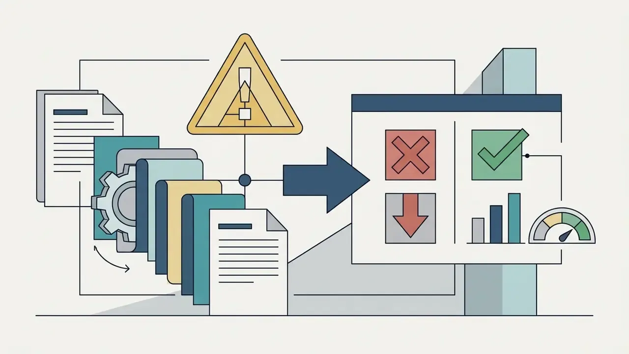 Documents and a gear icon moving toward a panel with warning symbols, status indicators, and data charts