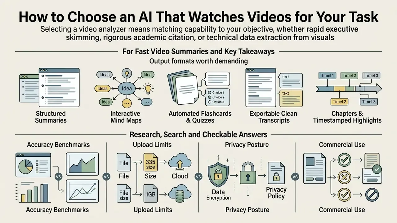 Infographic displaying key features and evaluation criteria for selecting an AI that watches videos