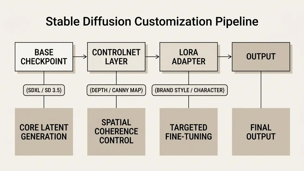 Process map showing the Stable Diffusion customization pipeline from base checkpoint to final output