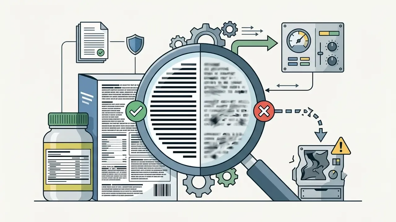 Magnifying glass comparing sharp text on a product label with blurred AI generated output