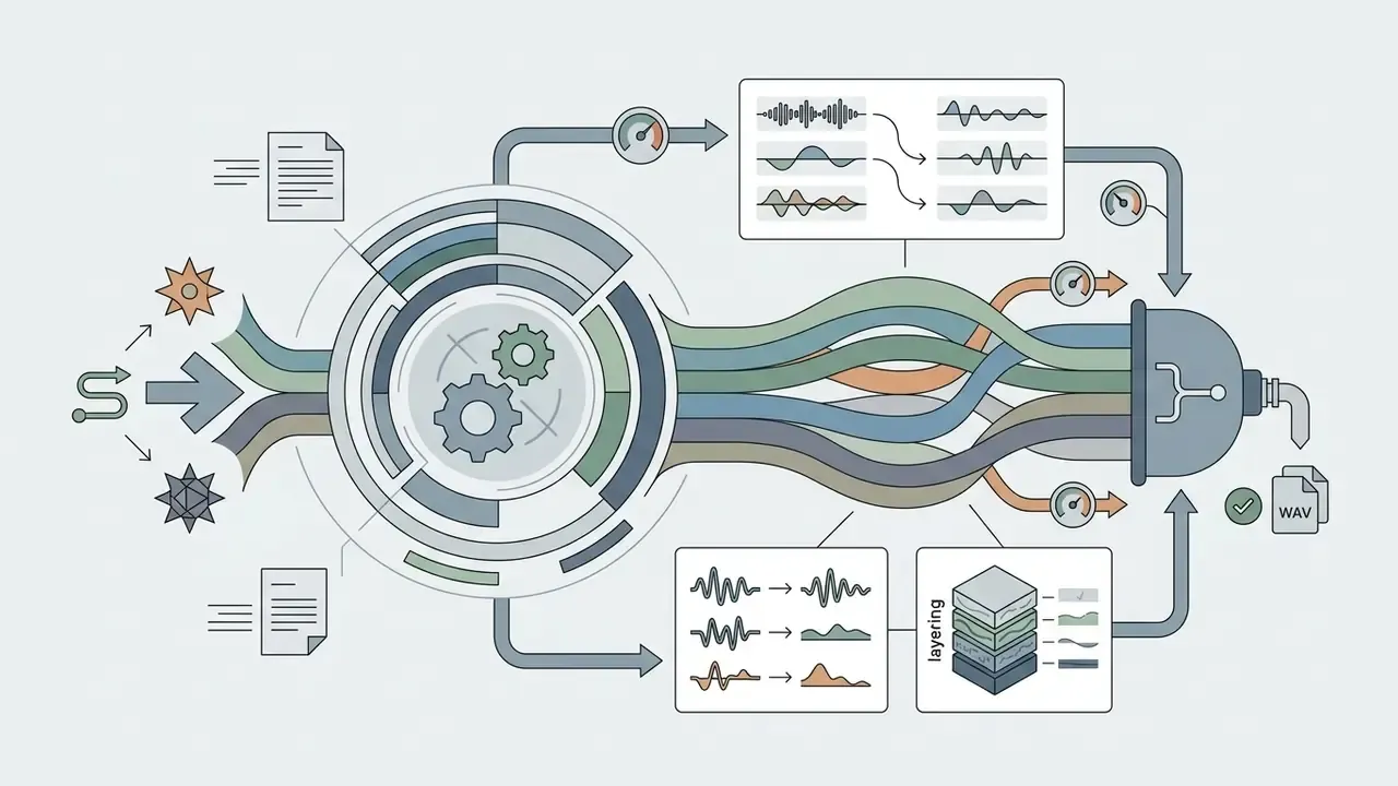 System of gears processing multiple audio streams into layered tracks for adaptive game music output