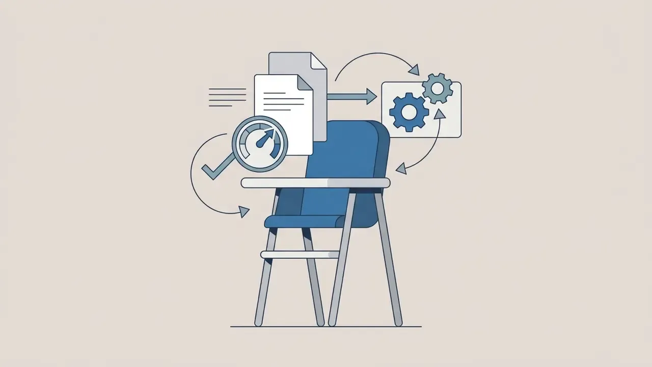 Empty high chair surrounded by icons of documents, a speedometer, and rotating gears
