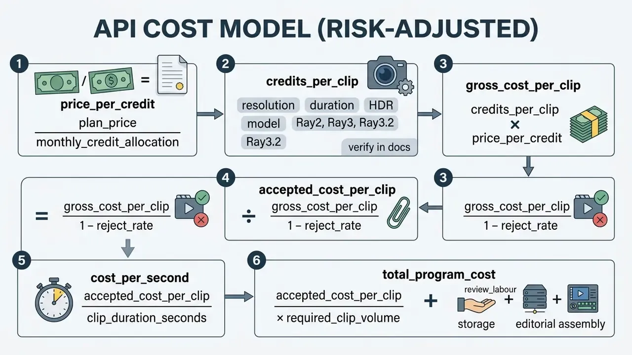 Numbered flowchart detailing the risk-adjusted API cost calculation steps for Luma Dream Machine video clips
