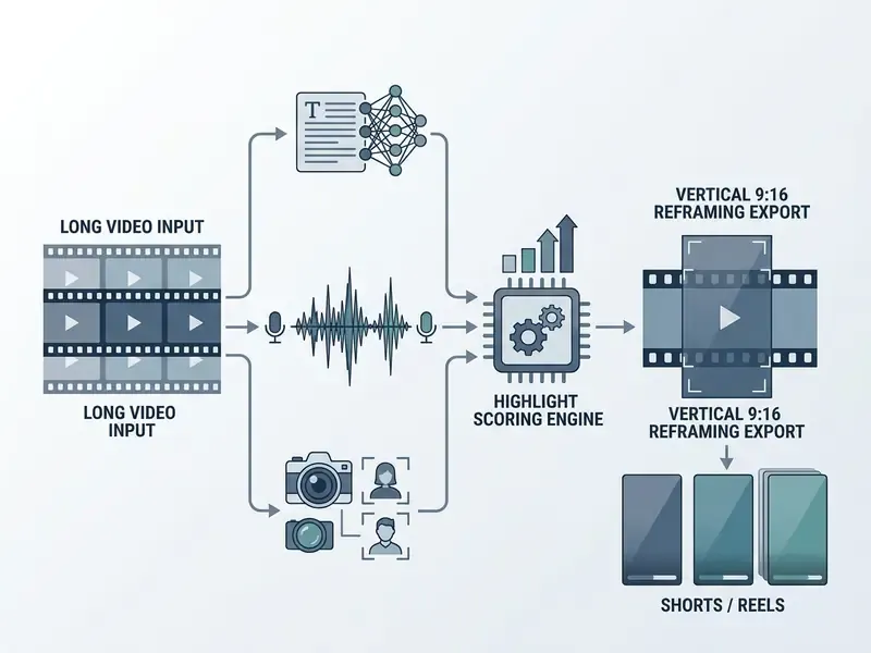 Diagram showing long video data being analyzed by AI to create vertical clips for social media