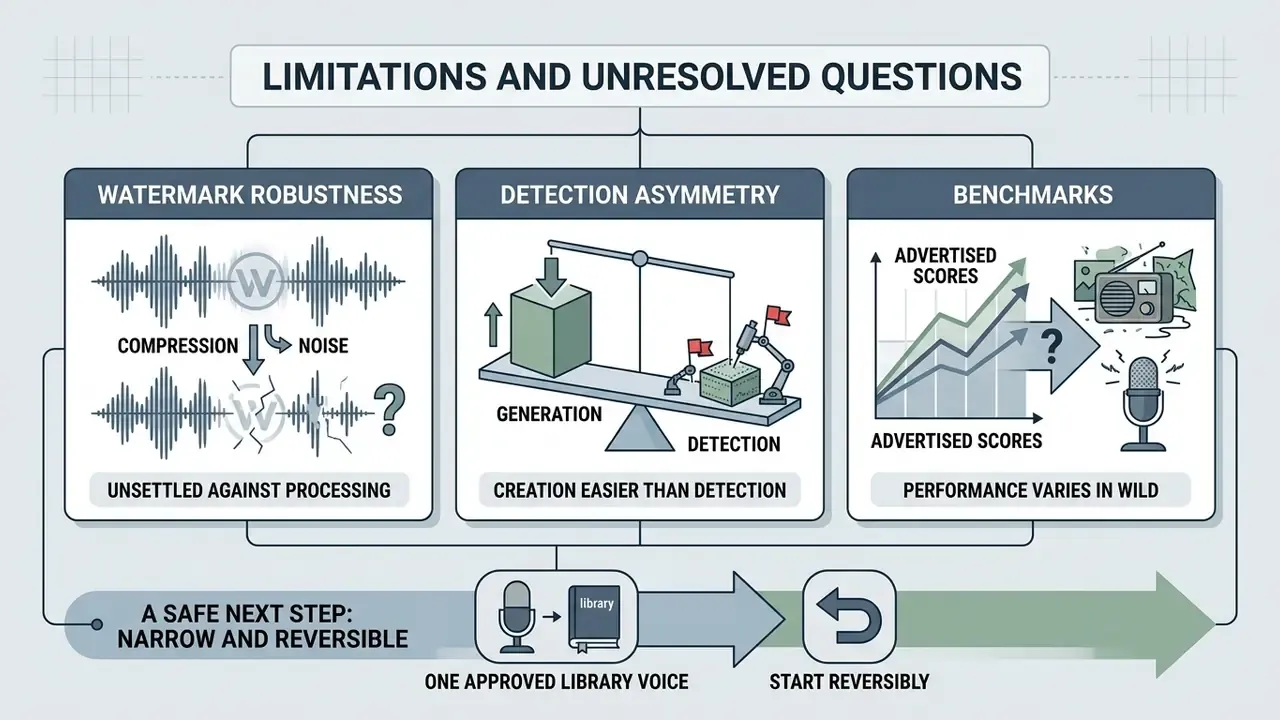Three panels detailing technical challenges in synthetic audio and a strategy for safe implementation