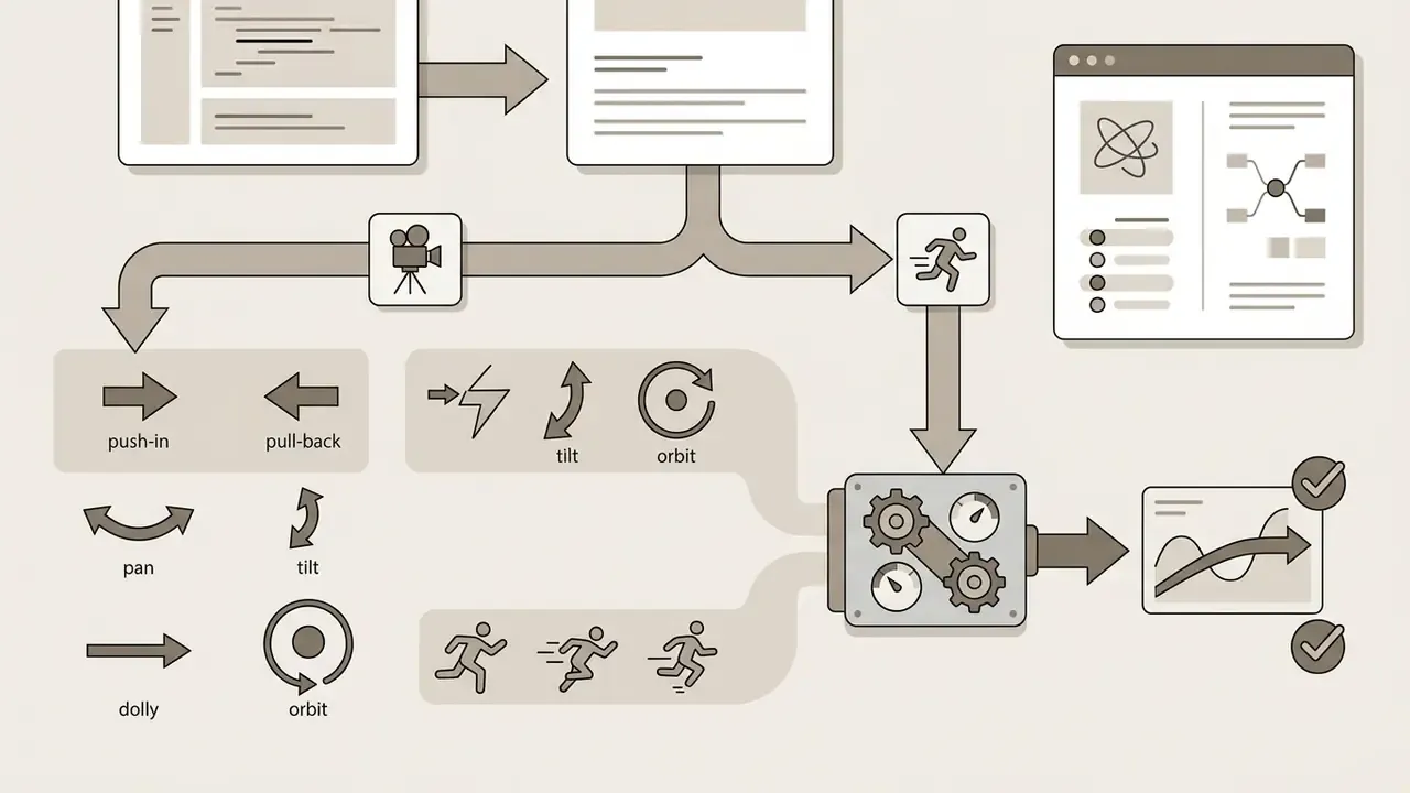 Diagram showing camera and subject motion icons feeding into a mechanical processor for output