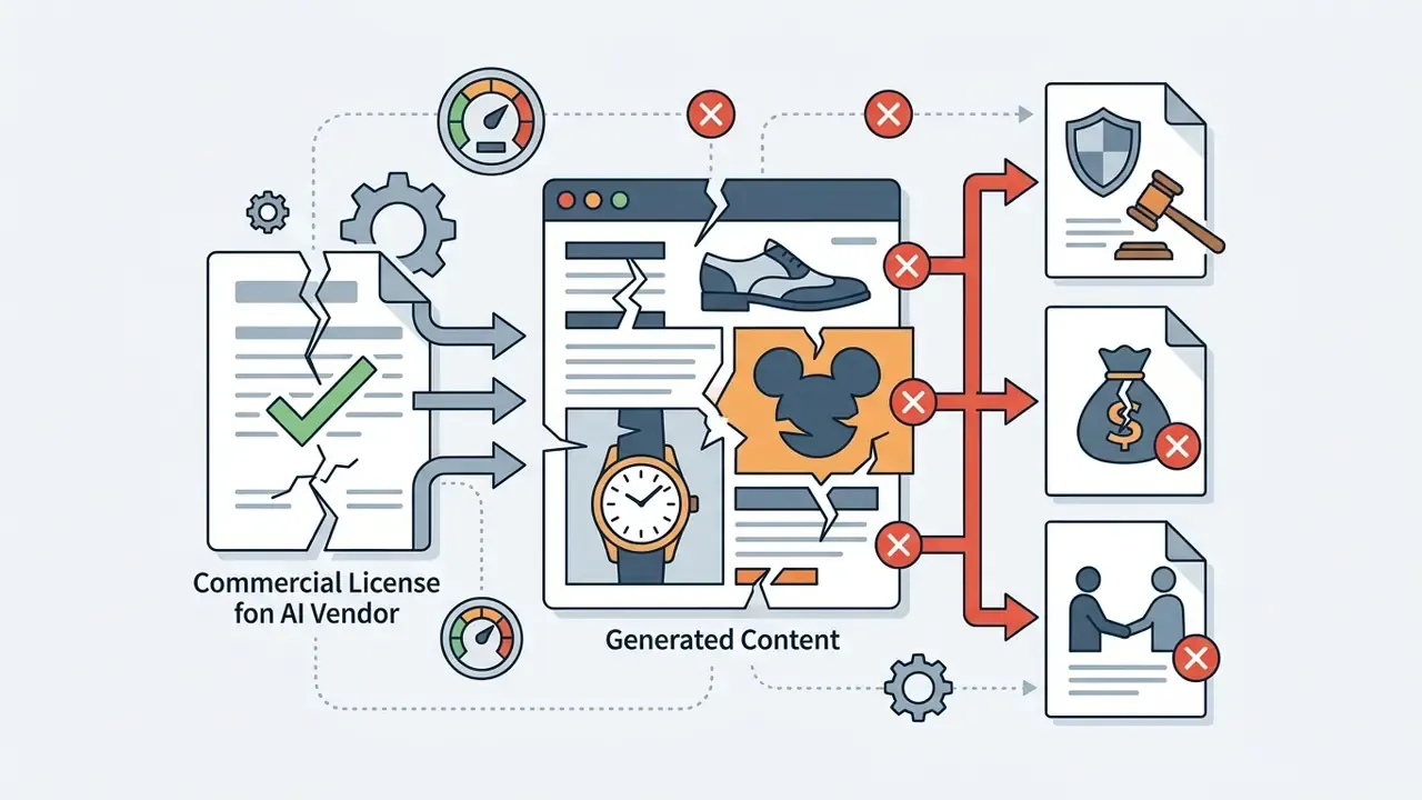 Broken license document feeding into generated content that triggers legal and financial risk icons