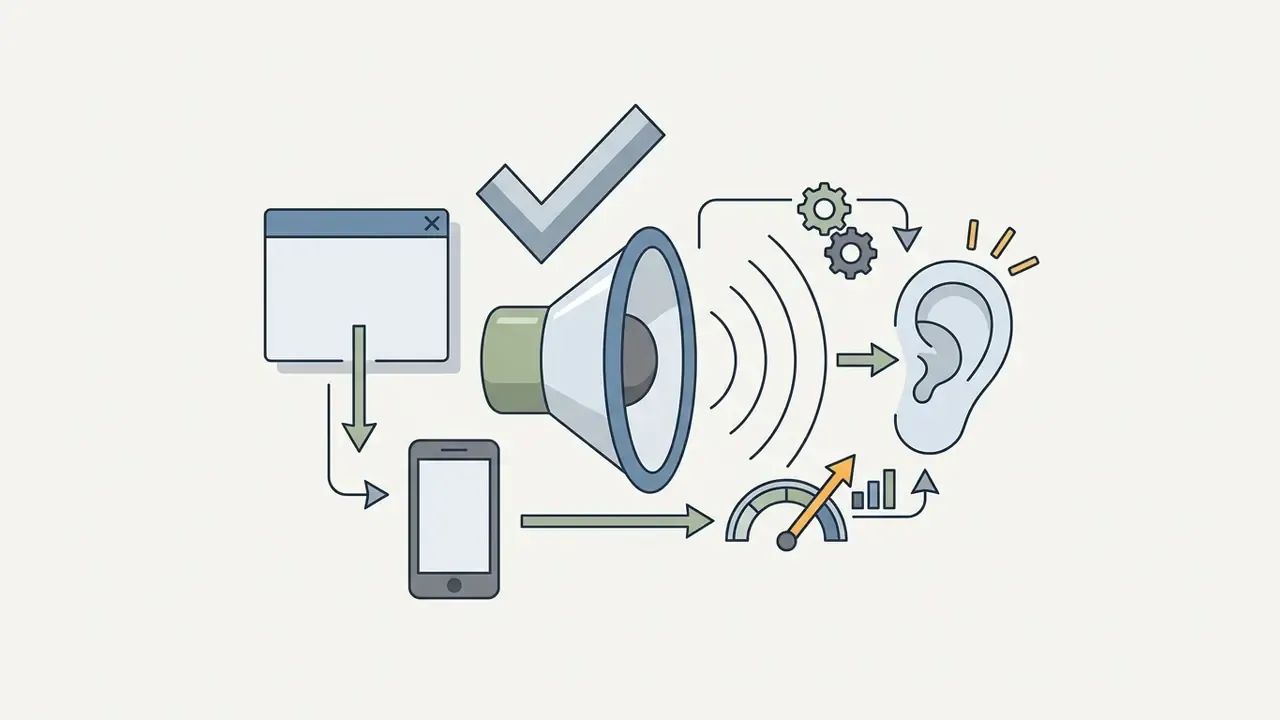 Megaphone emitting sound waves toward an ear with a smartphone, checkmark, and speed gauge nearby
