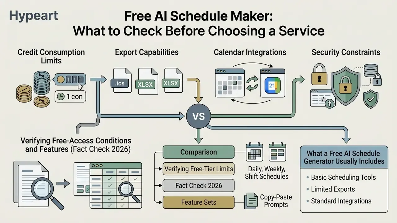 Comparison of service criteria including credit limits, export formats, calendar sync, and security features