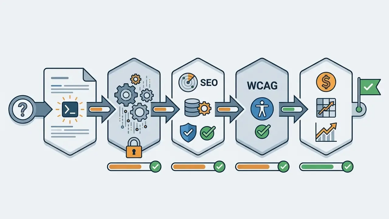 Sequential process steps showing technical gates for code, security, SEO, WCAG, and financial metrics