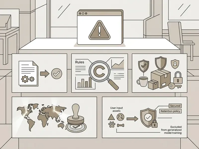 Checklist showing icons for copyright rules, asset security, global compliance, and data retention policies