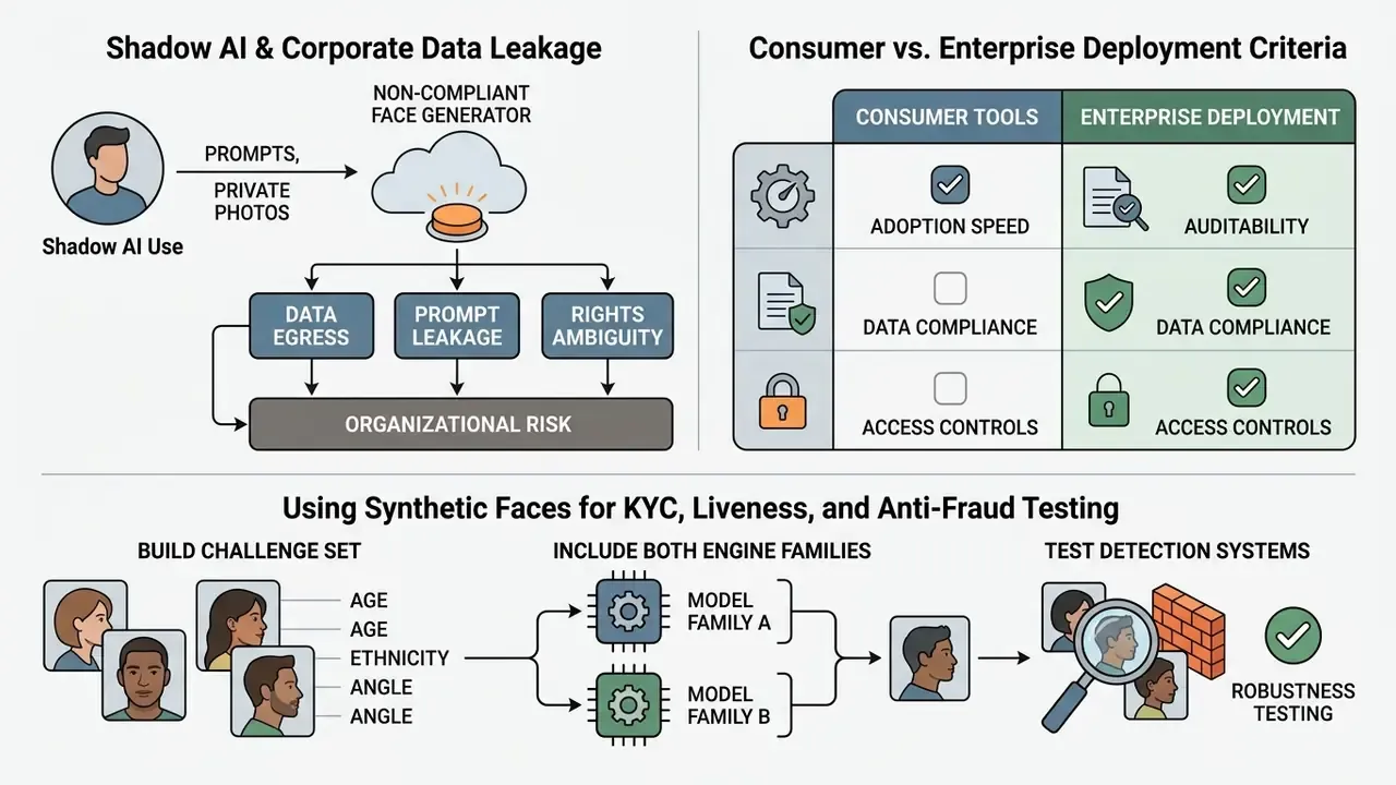 Comparison of shadow AI risks and enterprise deployment criteria alongside synthetic testing workflows