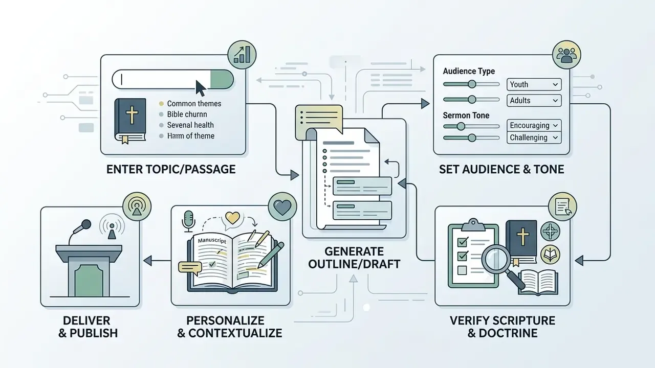 Six-step workflow diagram showing the process of using an AI sermon generator from input to delivery