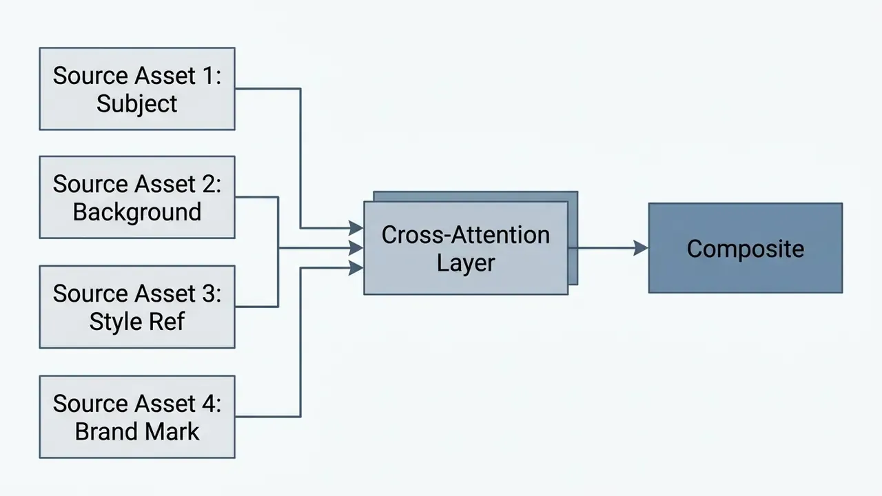 Four source assets feeding into a cross-attention layer to generate a final composite image