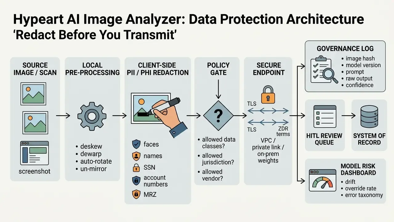 Step-by-step visual pipeline for securing sensitive image data before transmission to a server