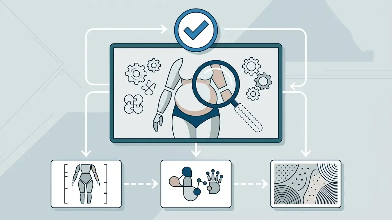 Magnifying glass inspecting a stylized human figure surrounded by gear icons and secondary process boxes