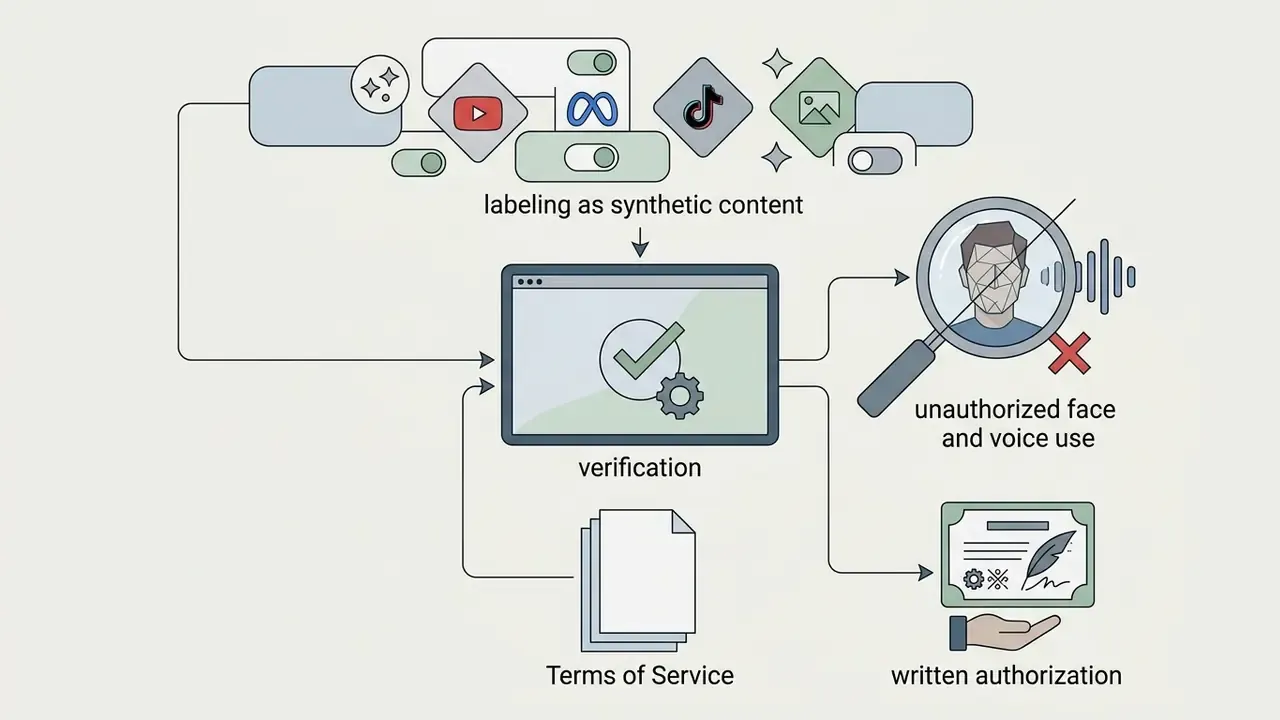 Steps for verifying terms, labeling synthetic content, and obtaining authorization for AI video production