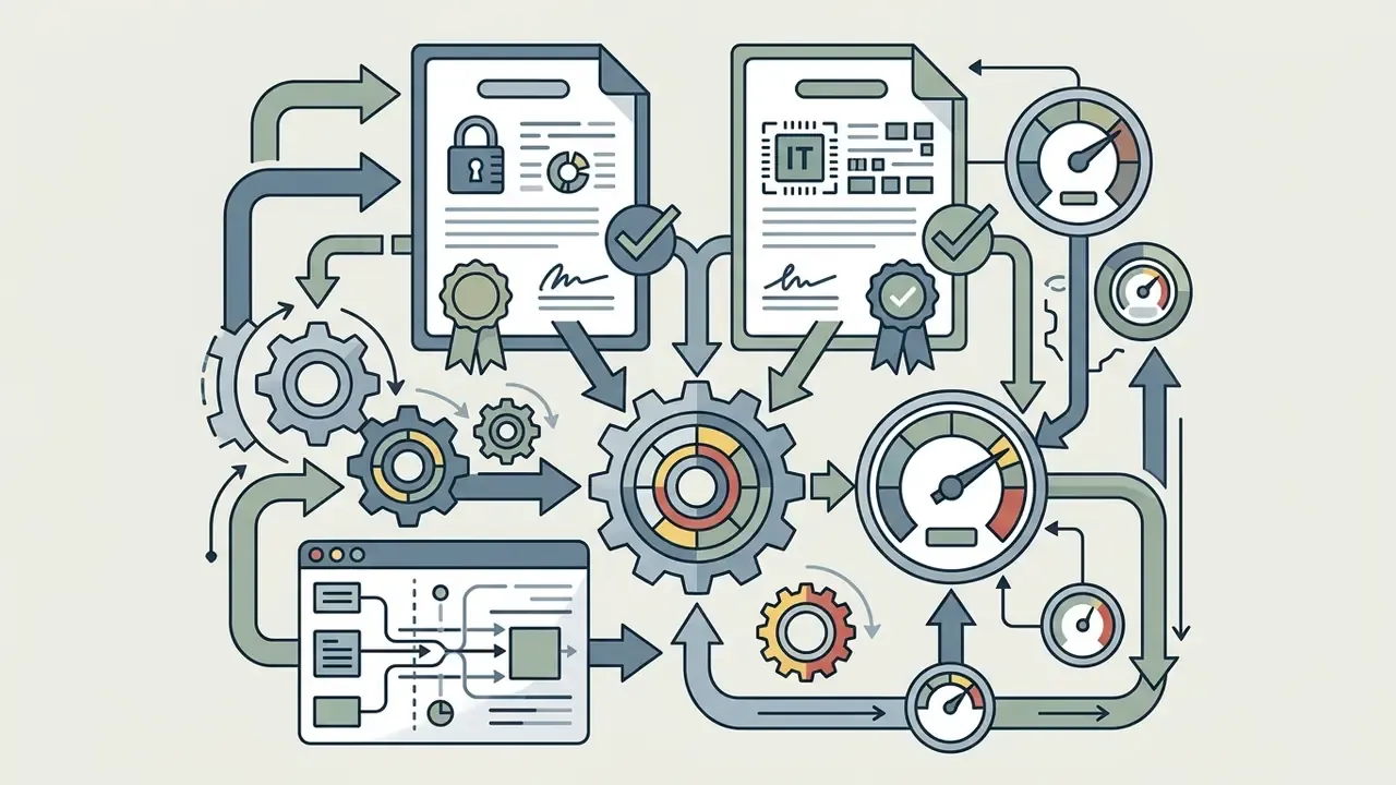 Compliance documents and IT system gauges feeding into a central gear mechanism for AI video processing