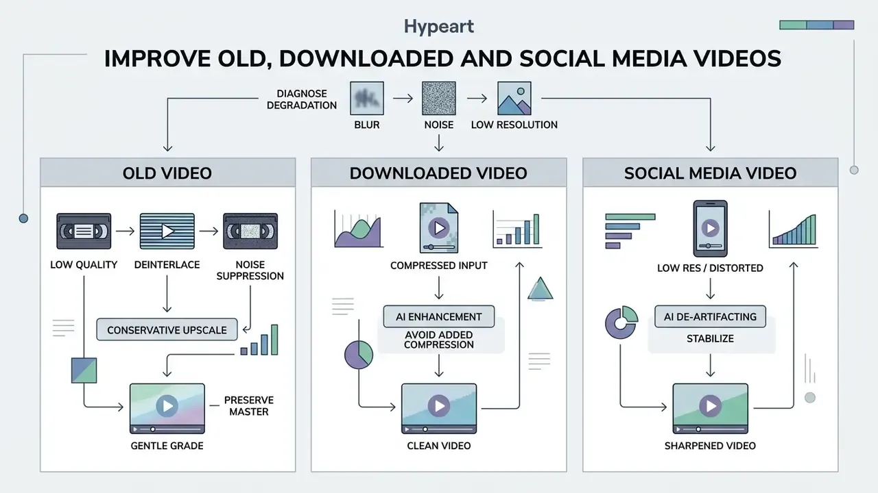 Infographic showing restoration workflows for old, downloaded, and social media video files