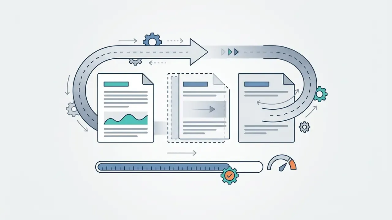 Documents moving along a circular path with gears and a progress bar indicating a transformation process