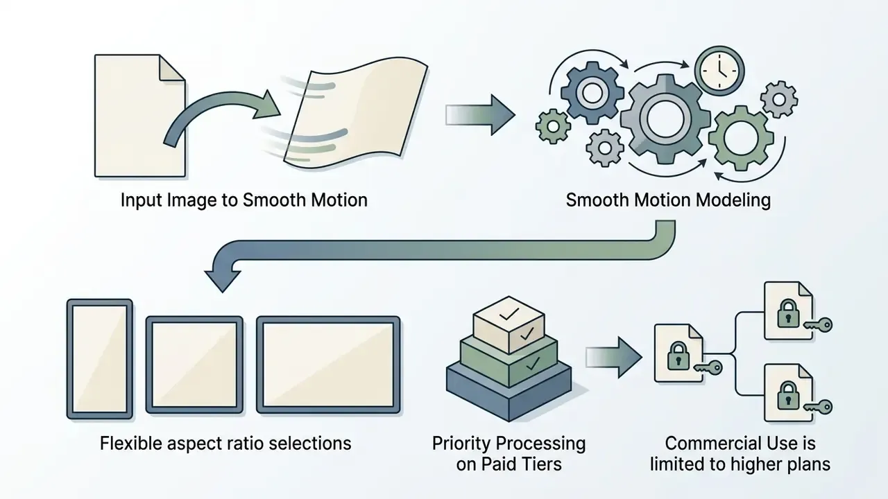 Icons of a paper transforming into motion, gears, aspect ratio boxes, and locked commercial documents