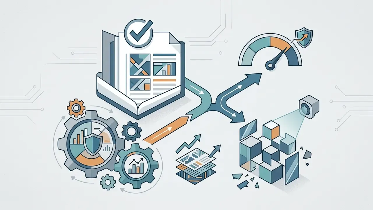 Book with a checkmark feeding into gears, a performance gauge, and a scanner analyzing data blocks