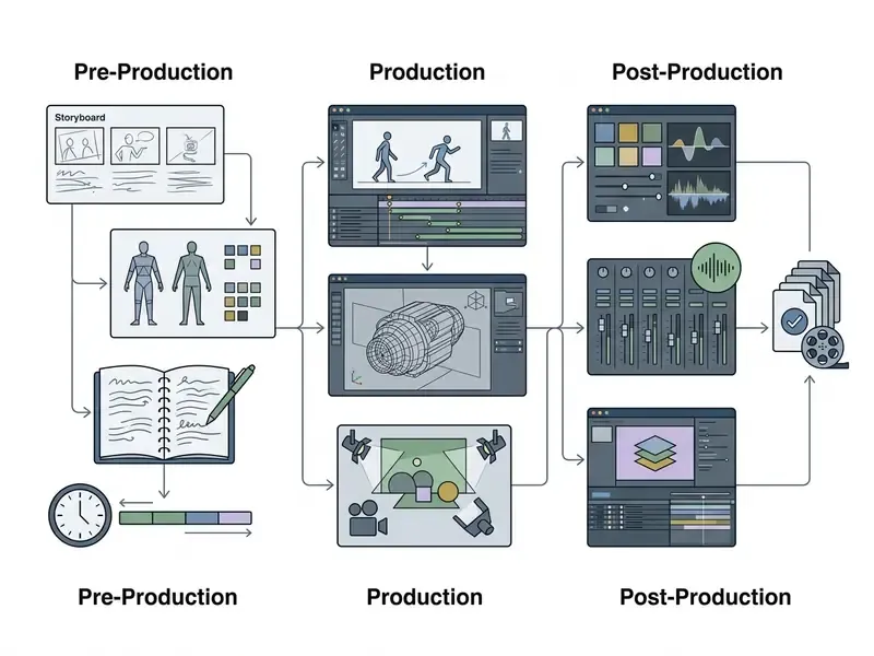 Flowchart detailing the three phases of animated video production services from planning to final delivery