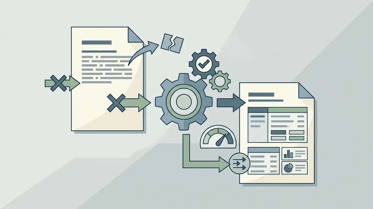 Rejected document being processed through a series of mechanical gears into a completed data report
