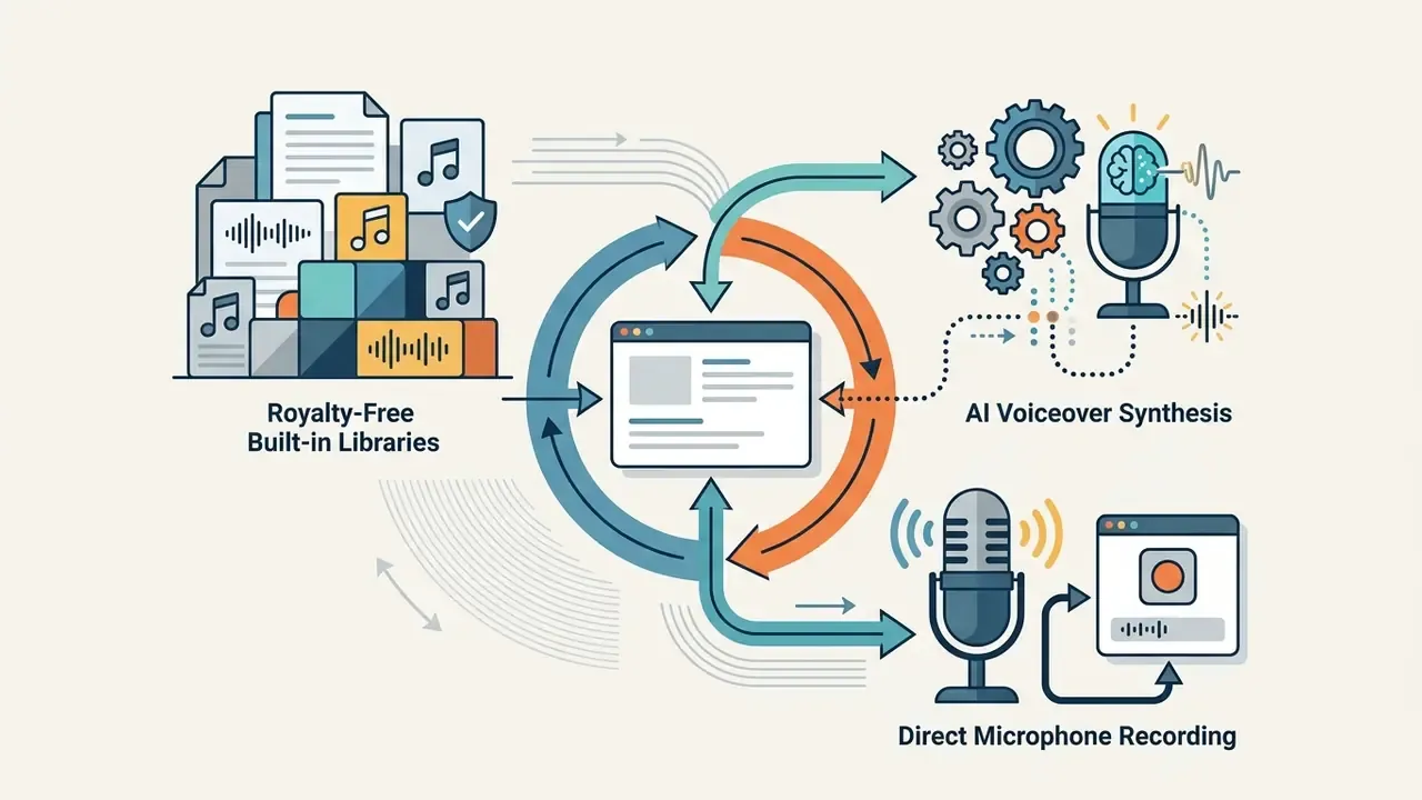 Diagram showing audio integration via music libraries, AI voiceover synthesis, and microphone recording