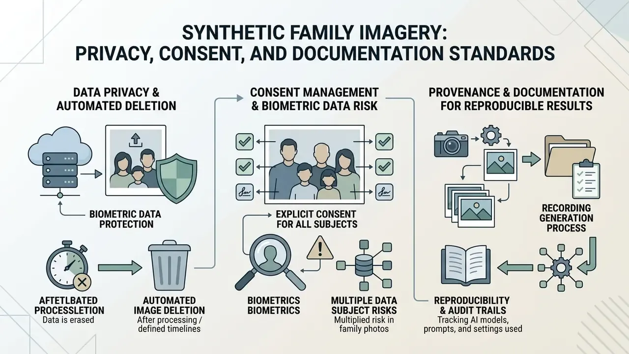 Infographic outlining data privacy, consent management, and documentation workflows for synthetic imagery