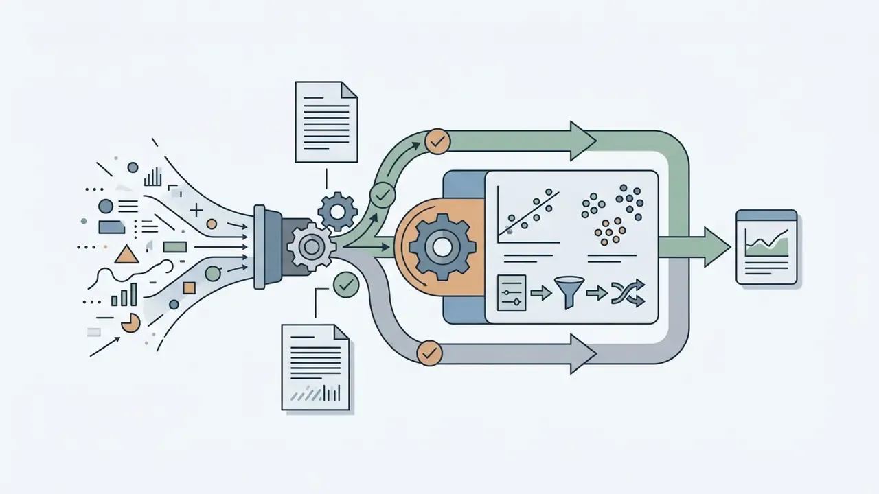 Data points and documents flowing through gears and filters into a machine learning analysis module