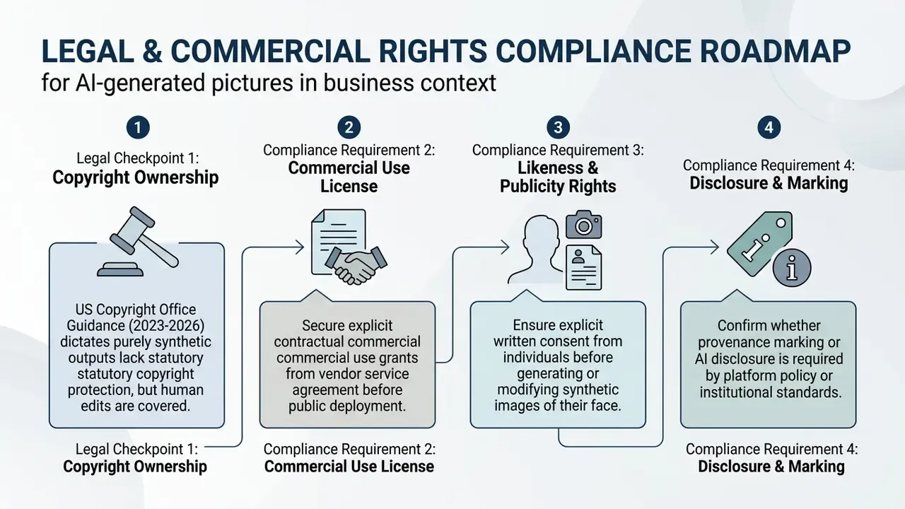 Sequential roadmap outlining legal checkpoints for copyright, commercial licenses, and publicity rights