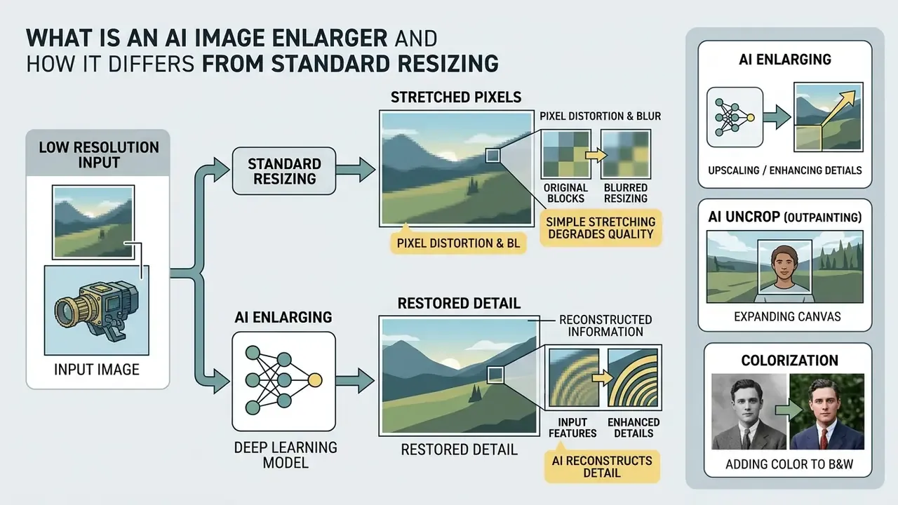 Infographic comparing standard pixel stretching to AI image enlarger processes for restoring details