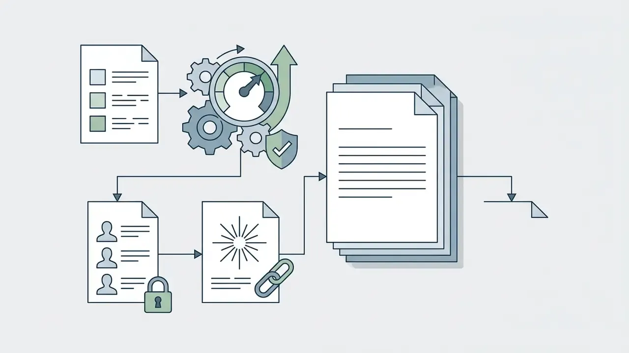 Workflow diagram showing document processing through gears and security icons into a final report