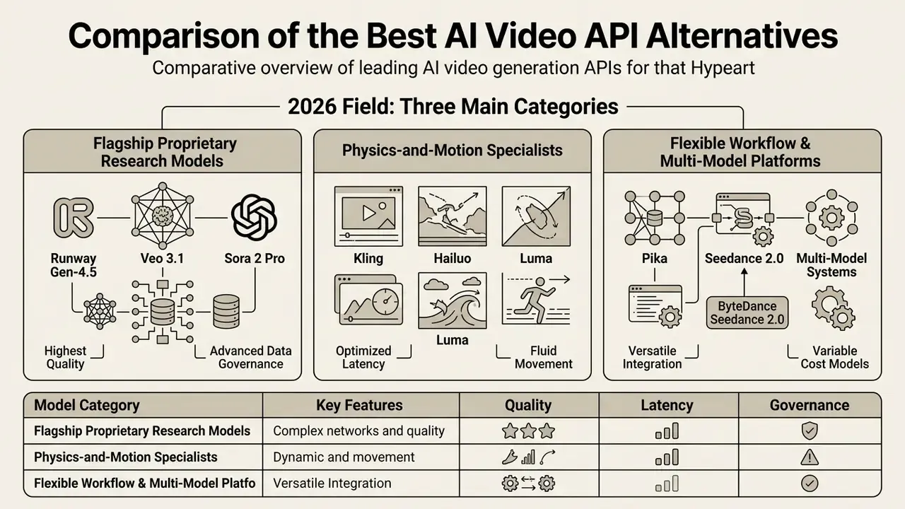 Categorized infographic comparing AI video API models by research, physics, and workflow capabilities